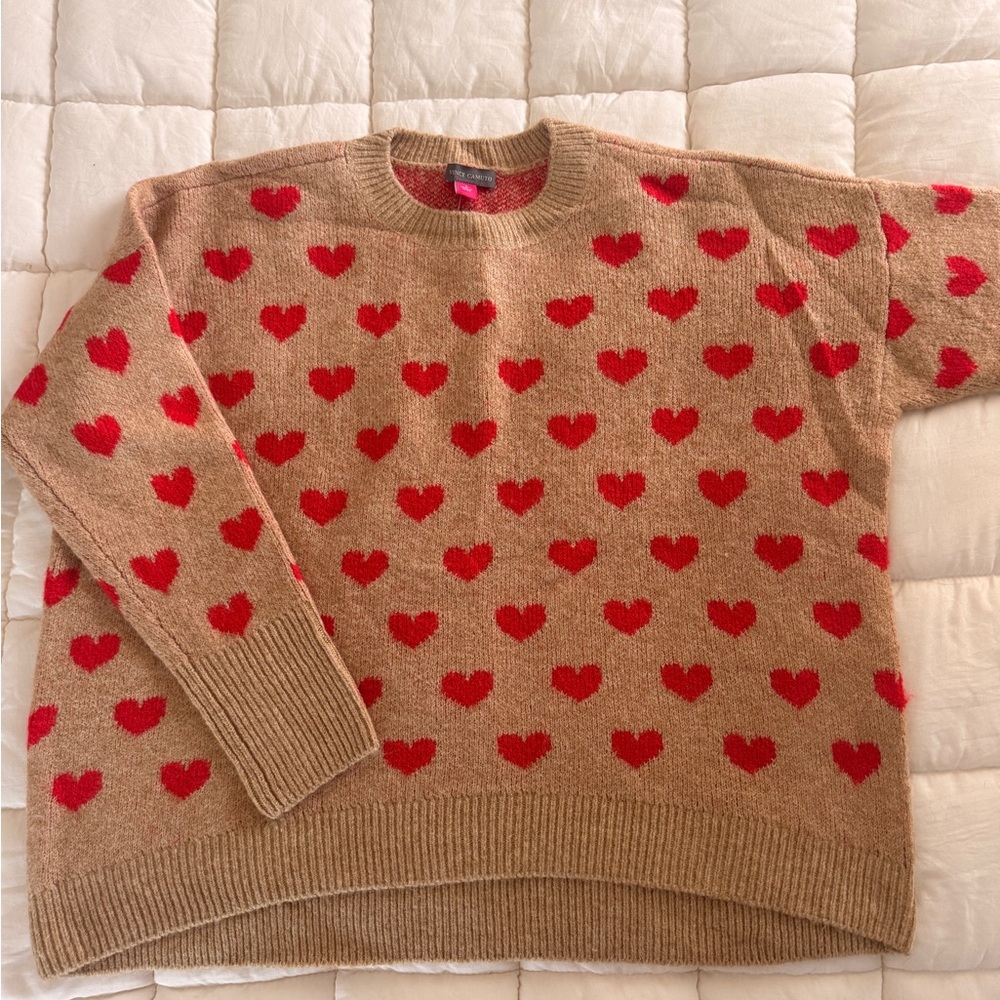 Vince Camuto Camel and Red Heart Sweater